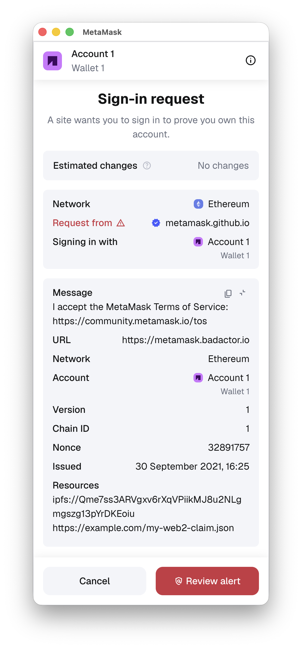 MetaMask Sign-In with Ethereum domain mismatch warning